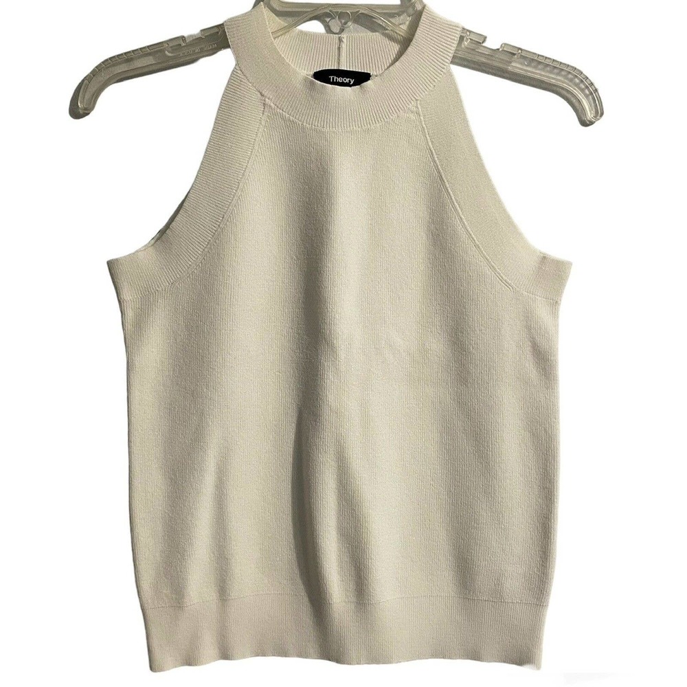Theory Small Halter Shell Sweater White Crepe Knit Tank Top Designer Classic